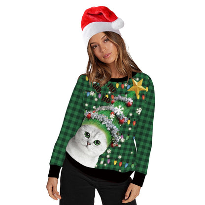 Felicia - Kersttrui met Capuchon - Rood - Polyester/Katoen - Met 3D Kerstkat-print