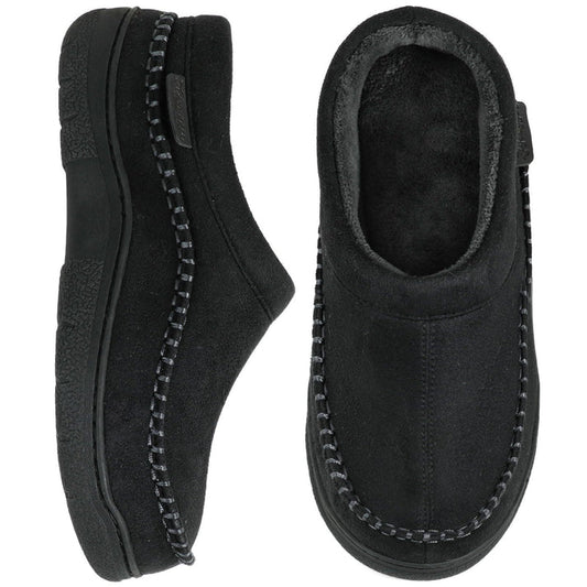 Pantoffels heren in zwart, gesloten model met contrastsierstiksel en pluche voering
