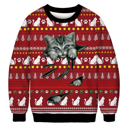 Foute kersttrui met allover print van katten en kerstmotieven - rood met klauwende kat