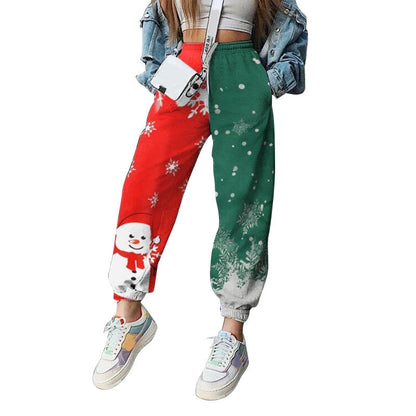 Kerst joggingbroek voor dames met elastische taille en boorden aan de enkels - rood-groen met sneeuwpop