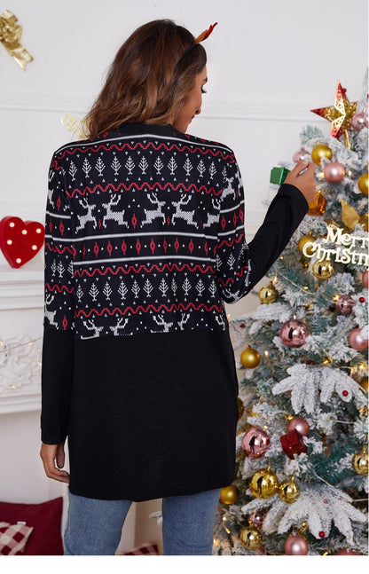 Lang open kerstvest voor dames met noorse print op het bovenstuk