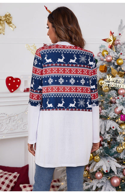 Lang open kerstvest voor dames met noorse print op het bovenstuk
