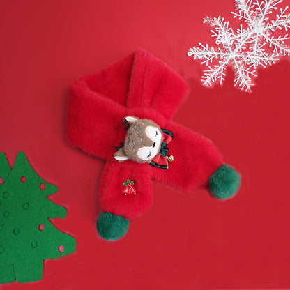 Pluche kindersjaal met rendierkopje, strikje en groene pompons - rood