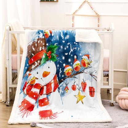 Fleece kerstdeken met kerstprint en witte teddy achterkant - sneeuwpop met roodborstjes