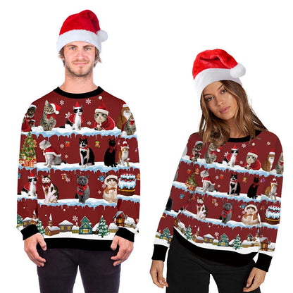 Felicia - Kersttrui met Capuchon - Rood - Polyester/Katoen - Met 3D Kerstkat-print