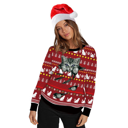 Felicia - Kersttrui met Capuchon - Rood - Polyester/Katoen - Met 3D Kerstkat-print