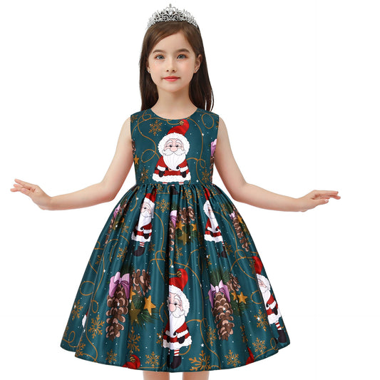 Mouwloze kerstjurk voor meisjes met strik en kerstprint