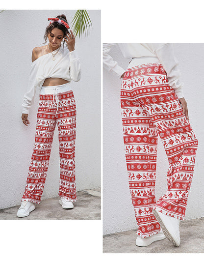 Wijde kerstbroek voor dames met hoge taille, trekkoord en kerstprint