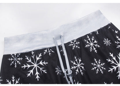 Wijde kerstbroek voor dames met hoge taille, trekkoord en kerstprint