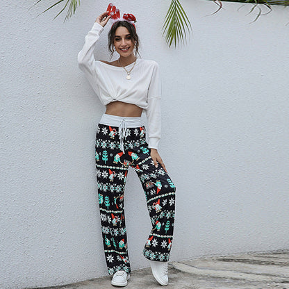 Wijde kerstbroek voor dames met hoge taille, trekkoord en kerstprint - zwart met kabouters