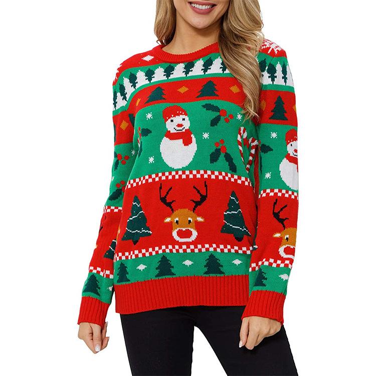 Gebreide Kerst Sweater Dames met Kerstboom en Sneeuwman Motief