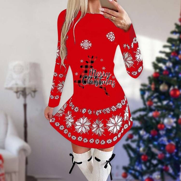 Korte kerstjurk voor dames met lange mouwen en kerstprint op de voorkant - rood met geruit rendier