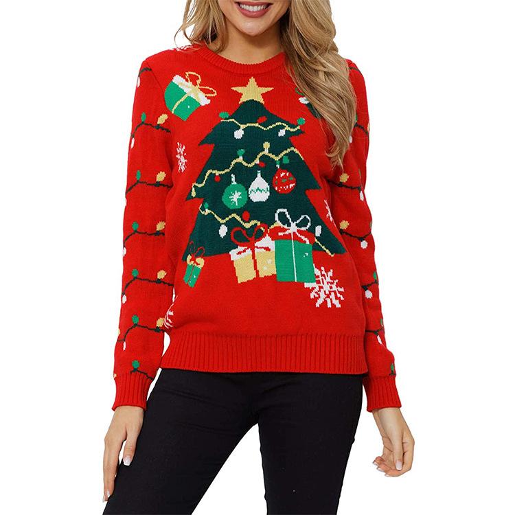 Gebreide Kerst Sweater Dames met Kerstboom en Sneeuwman Motief