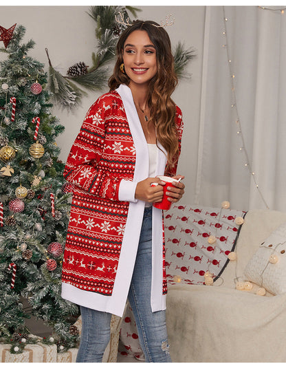 Lang open kerstvest voor dames met rendieren en witte boord