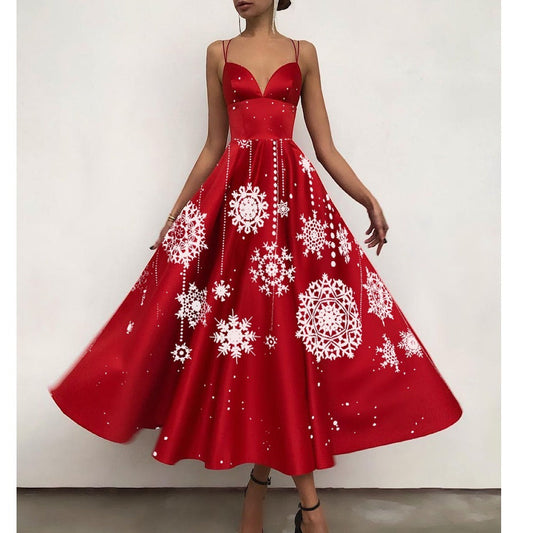 Midi kerstjurk voor dames met spaghettibandjes, hartvormige hals en wijde rok - rood met witte sneeuwvlokken