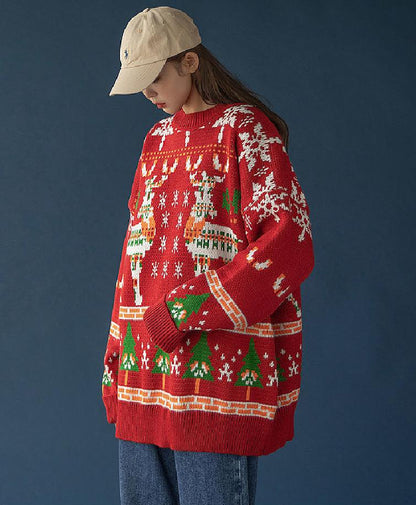 Fiona - Gebreide Kersttrui voor Dames - Grijs - Polyester/Katoen Mix - Kerstelijke Eland Print