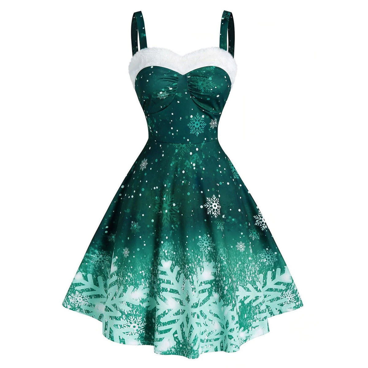 Kerstjurk voor dames met bandjes, witte pluche rand en sneeuwvlokprint - groen