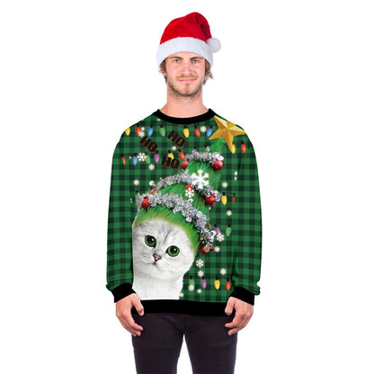 Foute kersttrui met allover print van katten en kerstmotieven