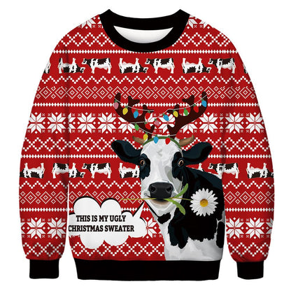 Foute kersttrui met allover print van katten en kerstmotieven - rood met koe