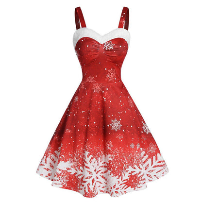 Kerstjurk voor dames met bandjes, witte pluche rand en sneeuwvlokprint