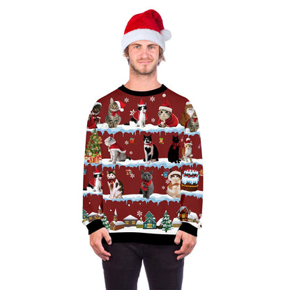 Foute kersttrui met allover print van katten en kerstmotieven