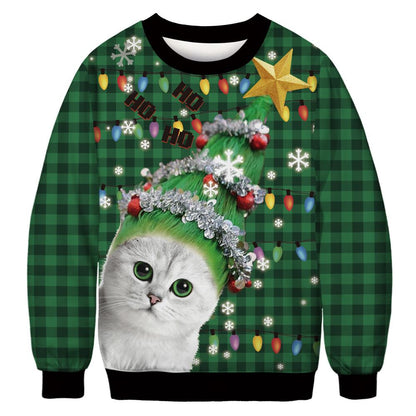 Foute kersttrui met allover print van katten en kerstmotieven - groen geruit met kat