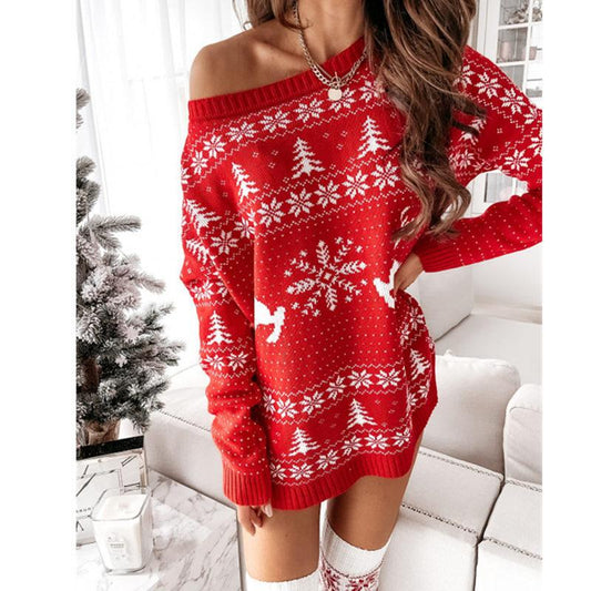 Lange off-shoulder kersttrui voor dames met noorse print
