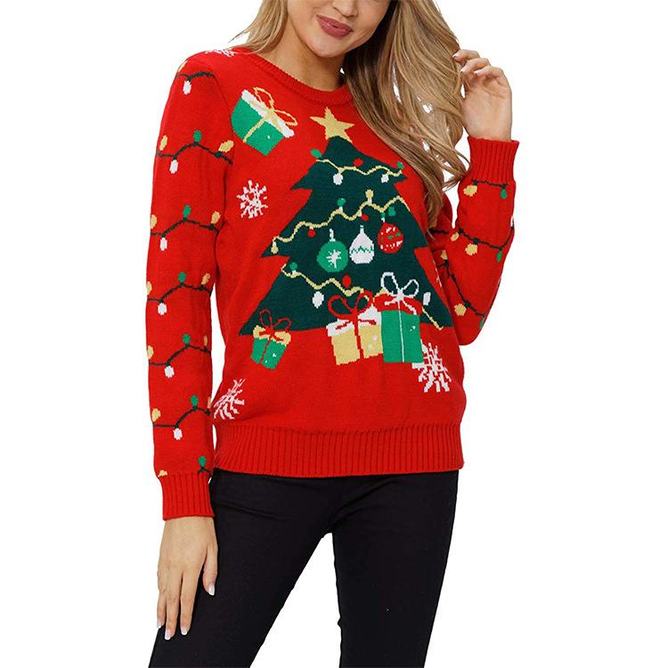 Gebreide Kerst Sweater Dames met Kerstboom en Sneeuwman Motief