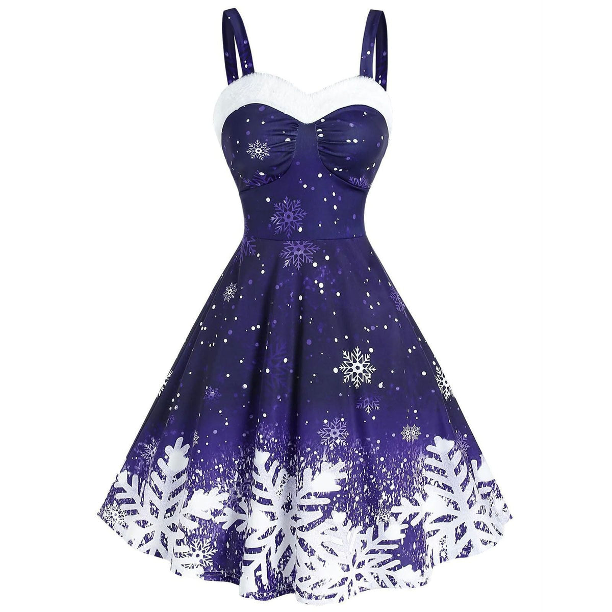 Kerstjurk voor dames met bandjes, witte pluche rand en sneeuwvlokprint