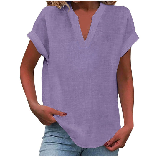 Luchtige blouse dames V-hals lichtpaars - losse pasvorm vooraanzicht