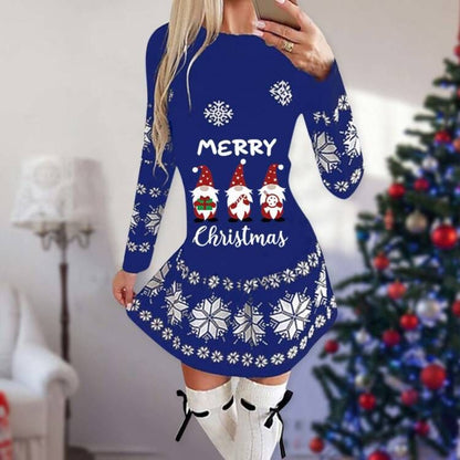 Korte kerstjurk voor dames met lange mouwen en kerstprint op de voorkant - blauw met kerstkabouters