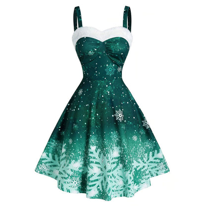 Kerstjurk voor dames met bandjes, witte pluche rand en sneeuwvlokprint