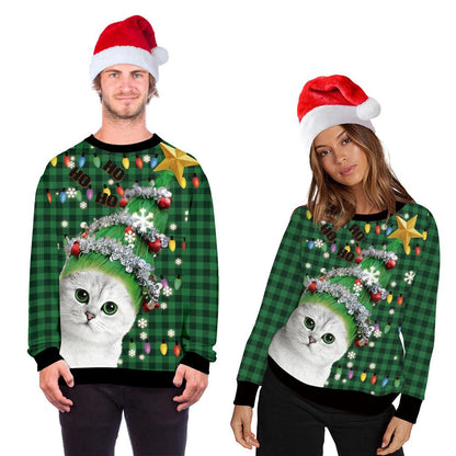 Foute kersttrui met allover print van katten en kerstmotieven