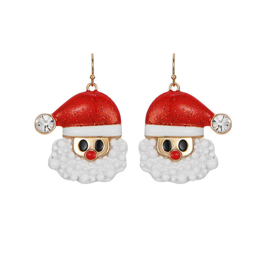 Hangende 3D kerstman oorbellen met rode glittermuts, witte baard en een steentje