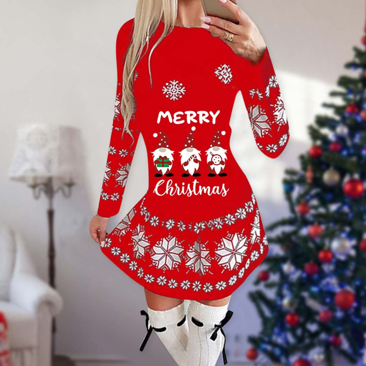 Korte kerstjurk voor dames met lange mouwen en kerstprint op de voorkant - rood met kerstkabouters