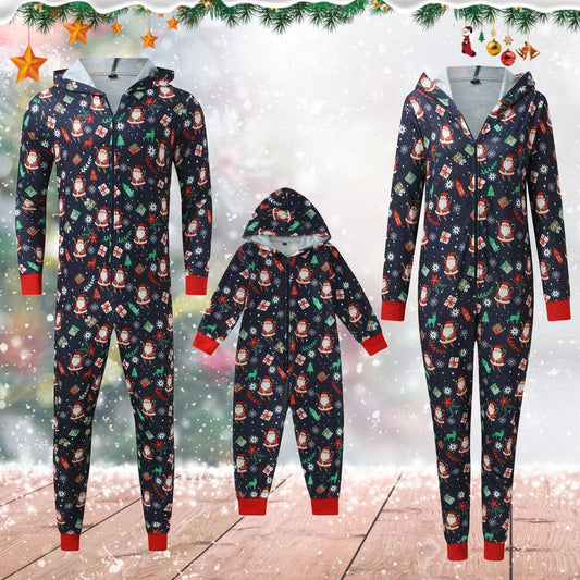 Donkerblauwe kerstonesie voor het hele gezin met rits en capuchon - donkerblauw met kerstman