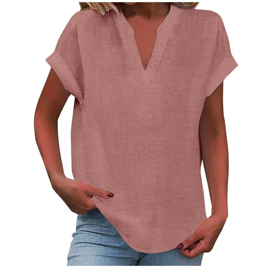 Blouse dames V-hals roze - korte mouw relaxed fit zij-aanzicht