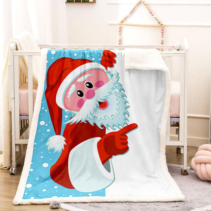 Fleece kerstdeken met kerstprint en witte teddy achterkant - wijzende kerstman