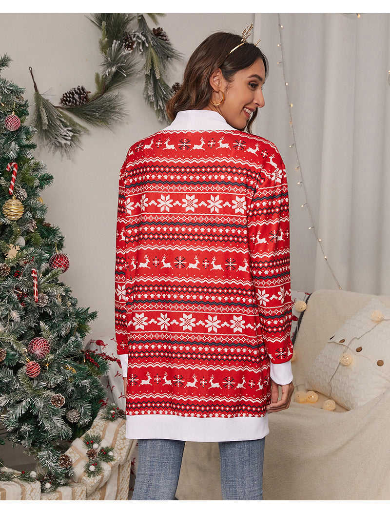 Lang open kerstvest voor dames met rendieren en witte boord