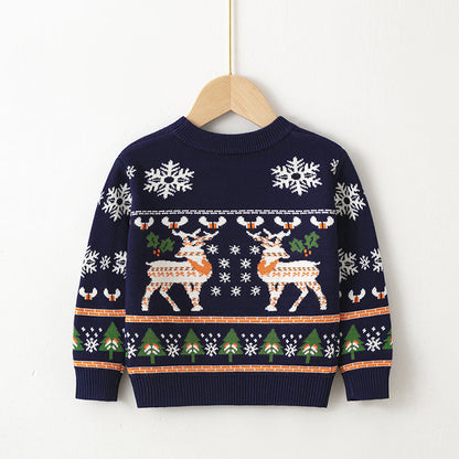Gebreide kersttrui voor kinderen met kerstmotief op de voorkant - donkerblauw met noorse print