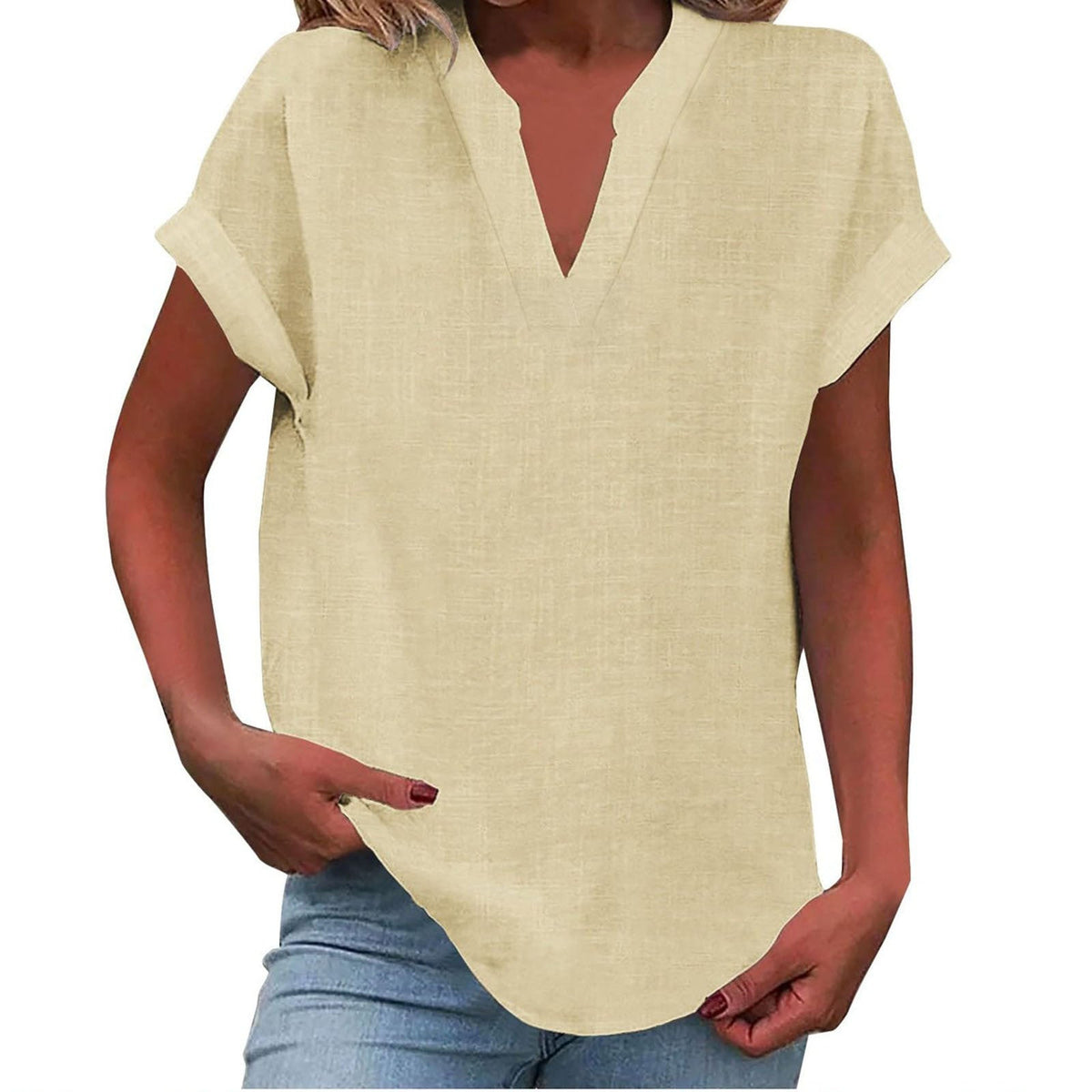 V-hals blouse dames beige - losse pasvorm vrouwelijk