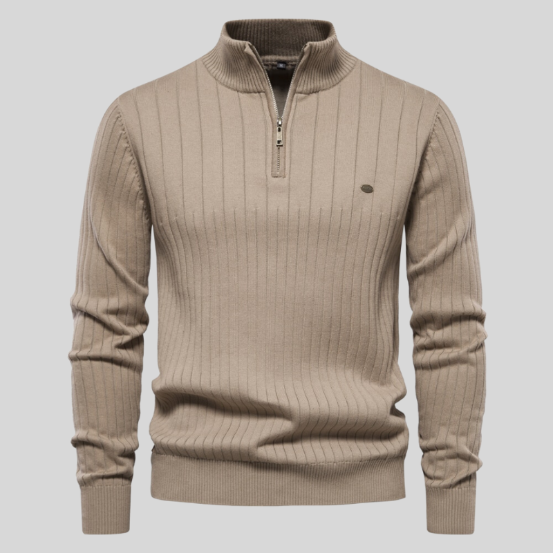 Geribde herentrui met halve rits in Taupe