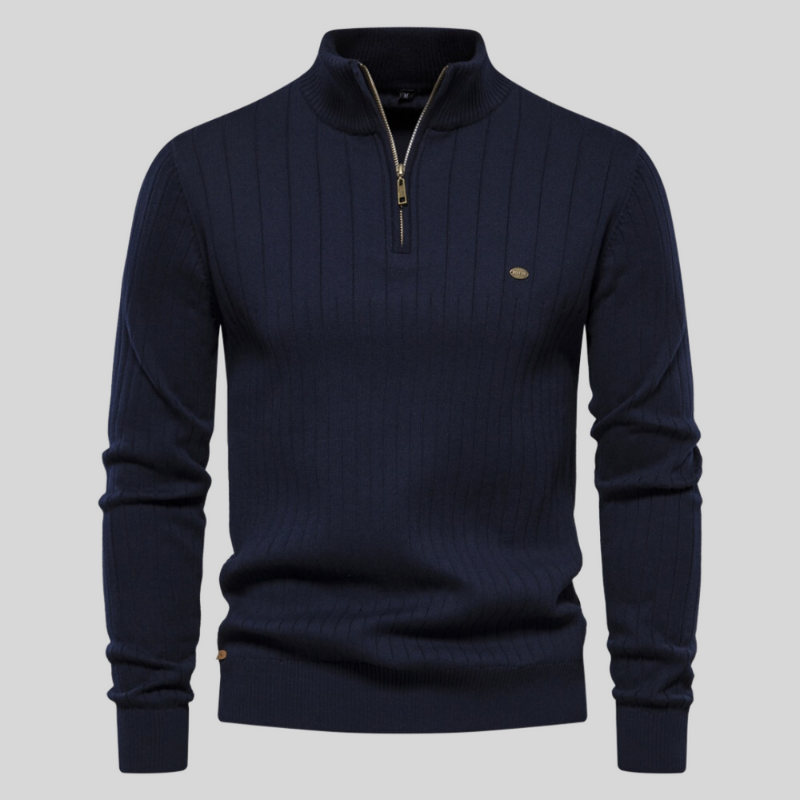 Geribde herentrui met halve rits in Marineblauw