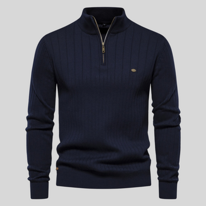 Geribde herentrui met halve rits in Marineblauw