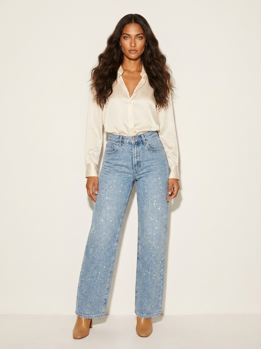 High waist wide leg jeans dames met glitterdetails