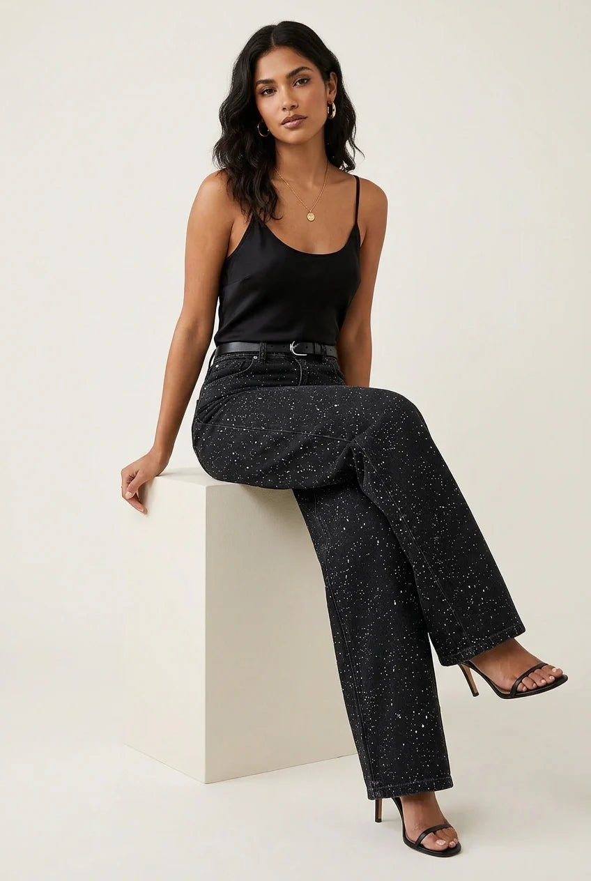 High waist wide leg jeans dames met glitterdetails
