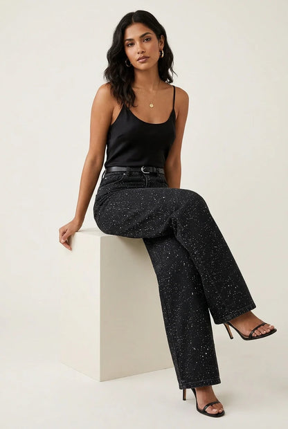 High waist wide leg jeans dames met glitterdetails