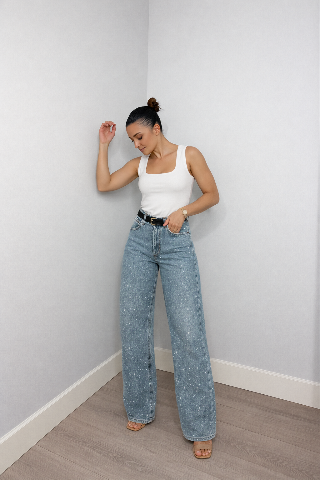 High waist wide leg jeans dames met glitterdetails