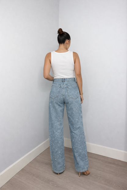 High waist wide leg jeans dames met glitterdetails
