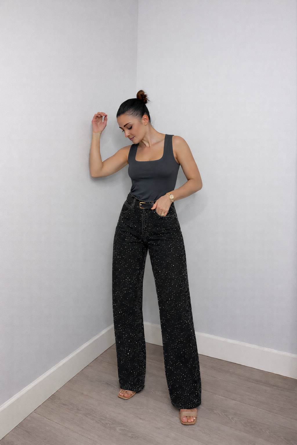 High waist wide leg jeans dames met glitterdetails